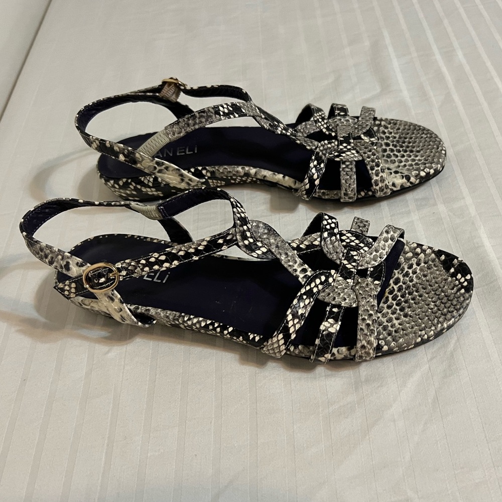 Vaneli Black and White Narrow Snakeskin Sandals
